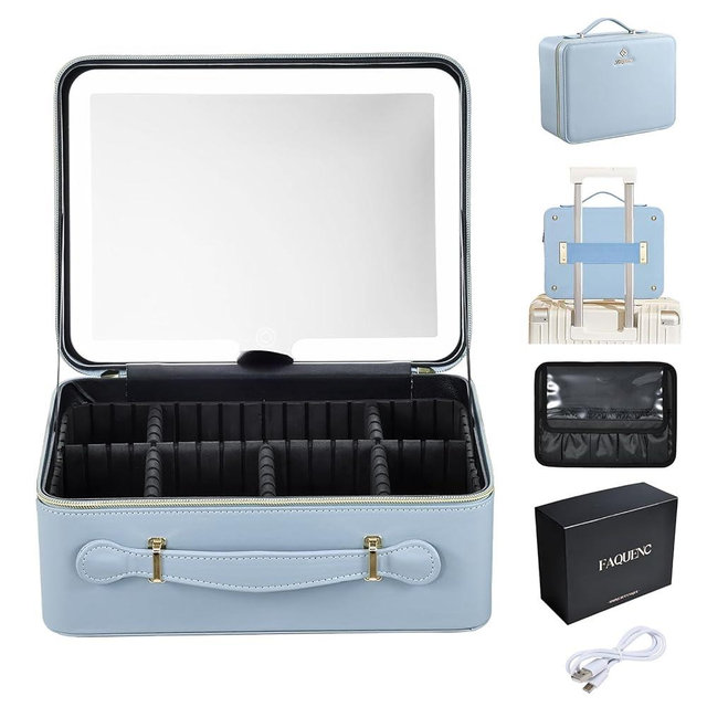 Faquenc Leather Makeup Case with LED Lighted Mirror 11.4 Inch Travel Makeup Bag Adjustable Brightness in 3 Colors Cosmetic Organizer Artist Storage Bag with Dividers Brush Holder Bag Vanity Blue