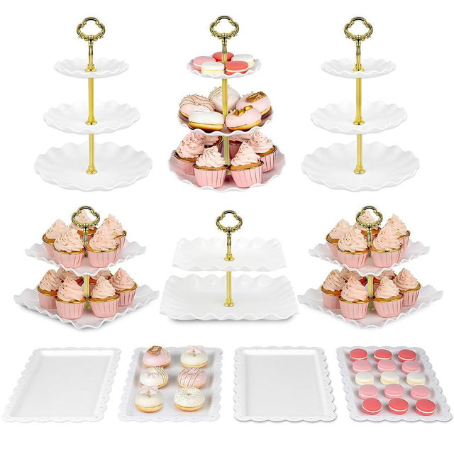 Pack of 10 NWK Cake Stand Set, with 3 x Two-Tier and 3 x Three-Tier Cupcake Stands, 4 x Appetizer Trays, for Birthday Baby Bridal Shower Party (Gold)