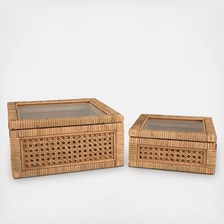 Woven Wood & Rattan Display Box with Glass Lid, Set of 2