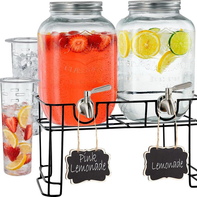 FineDine 1 Gallon Glass Drink Dispensers with Stand & Stainless Steel Spigot, 2 Pack – Beverage Dispenser Set for Parties, Lemonade, Juice, Infused Water & More