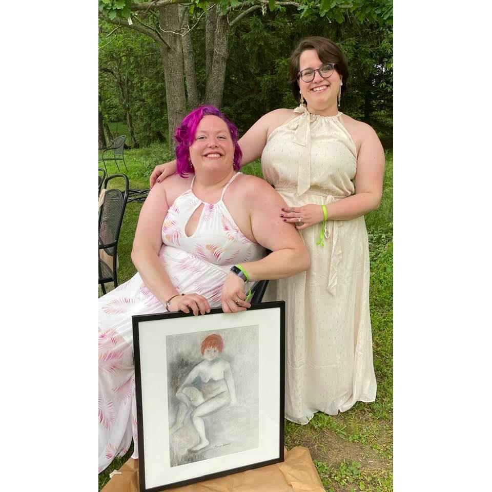 Post-wedding with an original artwork by our friend, Carmen