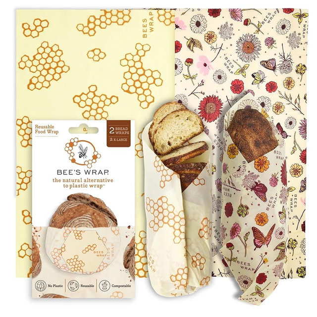 Bee's Wrap Beeswax Wraps for Food - Pack of 2 Bread Wraps - Meadow Magic & Honeycomb - Plastic Free Made in USA Reusable Bread Storage Bags - Organic & Sustainable Sourdough Bags