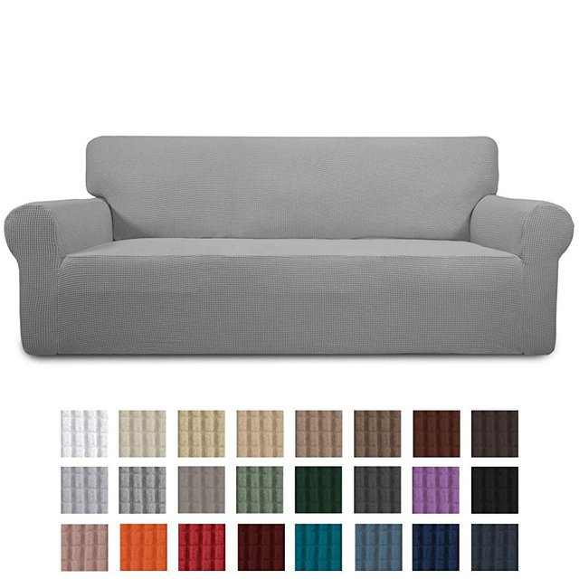 Easy-Going Stretch Sofa Slipcover 1-Piece Couch Sofa Cover Furniture Protector Soft with Elastic Bottom for Kids, Spandex Jacquard Fabric Small Checks(Sofa,Light Gray)