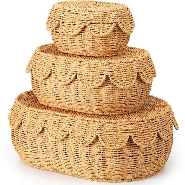 Set of 3 Scalloped Baskets with Lids Hand Woven Scallop Baskets 9.8/13/14.2 Inch Scalloped Wicker Storage Basket Nursery Room Scalloped Edge Basket for Bread Picnic Table Bathroom Home Decoration
