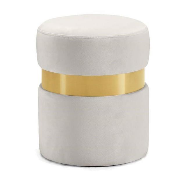 Meridian Furniture Hailey Collection Modern | Contemporary Velvet Upholstered Ottoman/Stool with Stainless Steel Band, 14.5" W x 14.5" D x 17.5" H, Cream