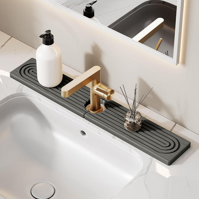 24 Inch Stone Faucet Mat for Kitchen Sink Splash Guard - Diatomite Quick Dry Stone Mat Kitchen Sink Protectors, Water-Absorbent Faucet Handle Drip Catcher Tray with Drainage (Dark Gray, 23.6" x 3.9")