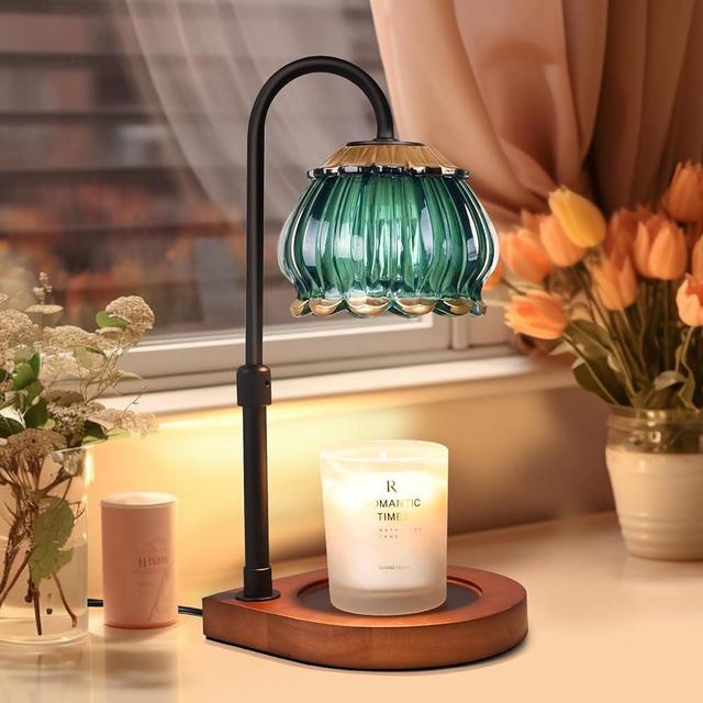 CABRHEART Candle Warmer Lamp with Timer, Adjustable Height Dimmable Candle Warmer Lantern, Gift for Women Glass Shade Electric Jar Candle Warming Light Holders for Home Decoration, Green