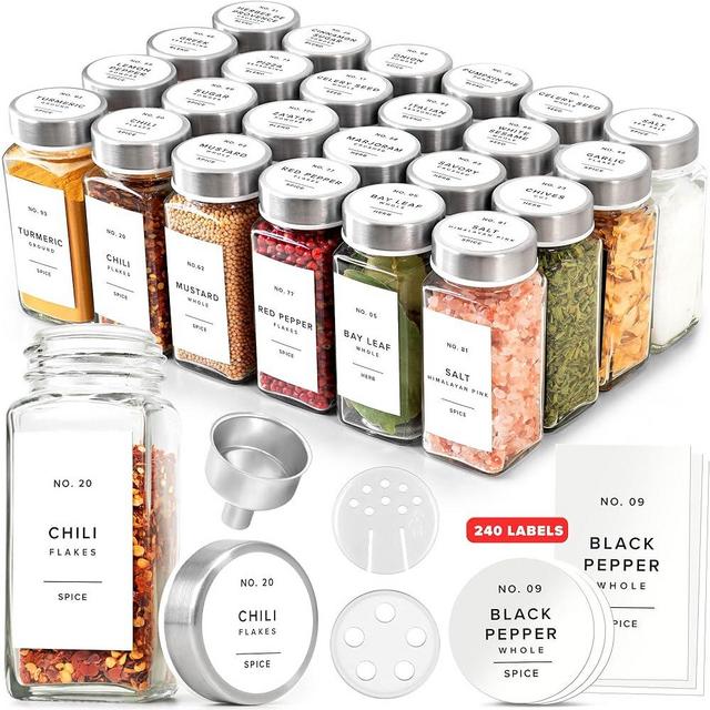EDELHAUS Glass Spice Jars with Label and Stainless Steel Lids (24 x 4oz) Spice Containers with 240 Labels, Shaker Inserts, Steel Funnel, Empty Square Empty Square Seasoning Organizer