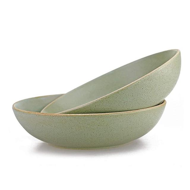 STAR MOON Stoneware 30 Ounce Large Pasta Bowls, Elegant European Charm Ceramic Earthenware Bowls, Microwave Safe, Dishwasher Safe, Set of 2 (Jade)