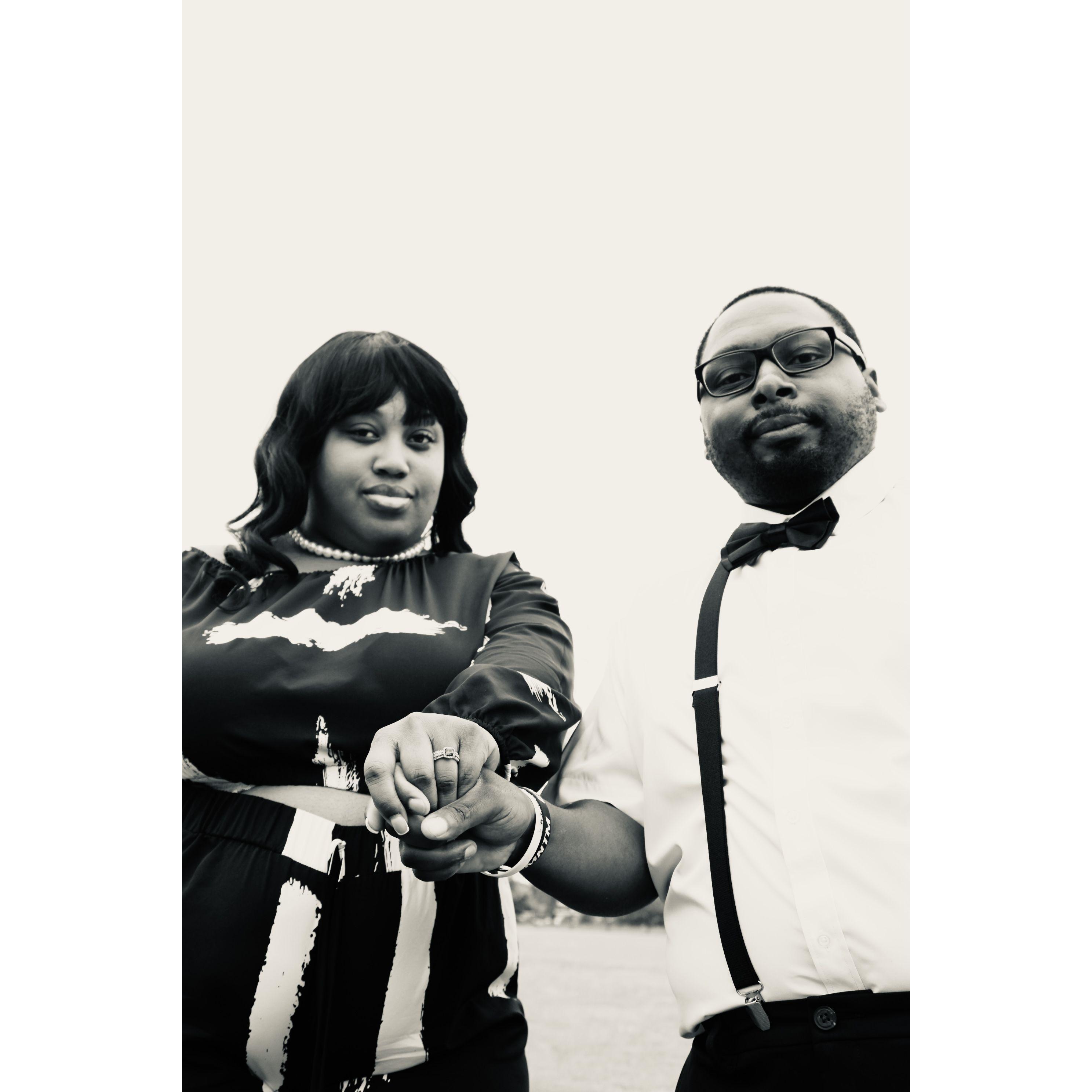 The day of Bria and Terrance's first engagement photoshoot in 2025. Terrance really can rock a bowtie and suspenders!