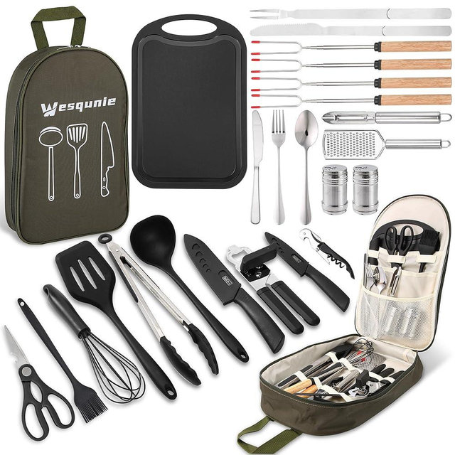 Wesqunie Camping Utensils Cooking Set - Camping Cookware Accessories Set, Portable Outdoor Camp Cooking Essentials Equipment Kit, Camp Kitchen Organizer Gear for Rv Picnic Grill Travel