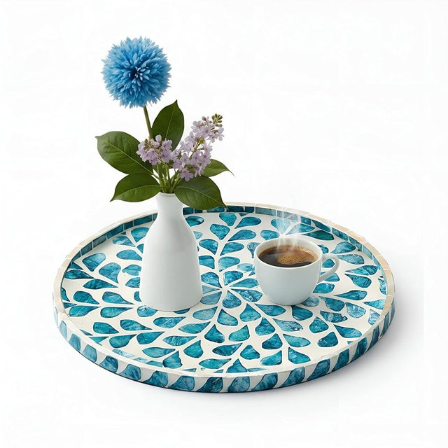 Chunful Mother of Pearl Round Serving Tray Wood Coffee Table Tray 10.4 Inch for Tea Breakfast Kitchen Cabinet(Teal Floral Style)