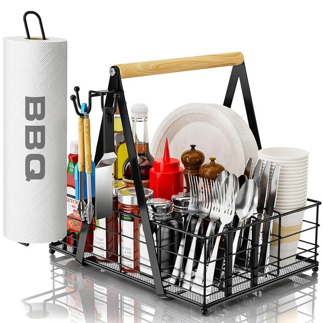 Grill Caddy with Paper Towel Holder, Picnic BBQ Condiment Utensil Organizer Caddy for Outdoor Kitchen, Rv, Camping Accessories, Camping Essential, Camper Must Haves