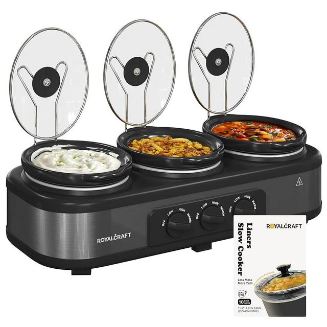 Sunvivi Slow Cooker with Liners,Triple Slow Cooker Buffet Server 3 Pot Food Warmer for Parties with 3 Spoons ＆ Lid Rests,10 Count Cooking Bags, Adjustable Temp,Total 4.5 QT