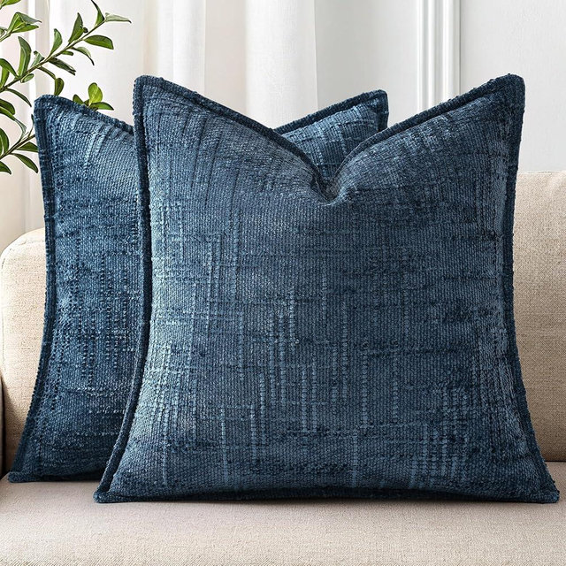 decorUhome Chenille Spring Throw Pillow Covers 20x20 Set of 2, Thick Textured Slubby Neutral Decorative Pillow Covers with Elegant Design for Couch, Sofa, Living Room, Navy Blue