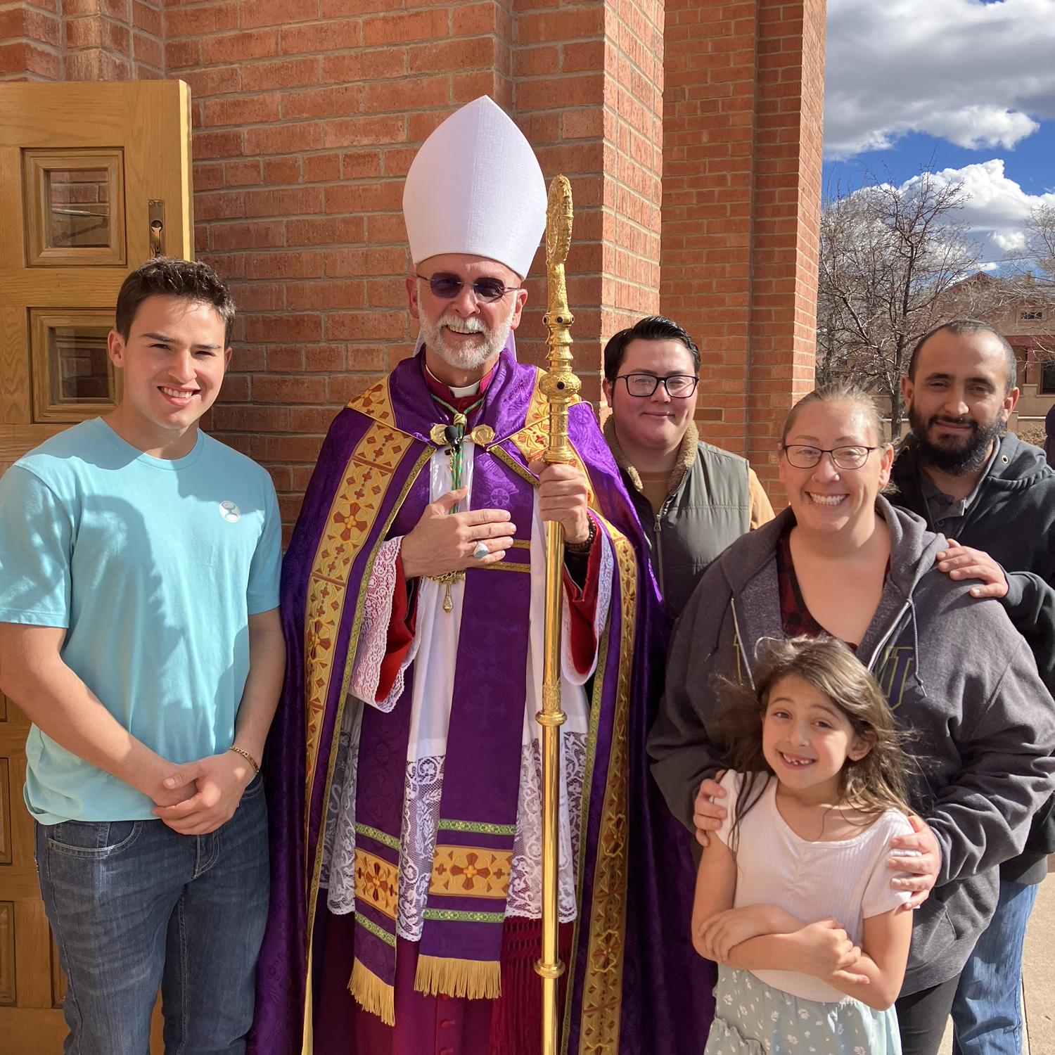 Meeting the Bishop for the Diocese of Gallup before the Easter Vigil where JJ was confirmed and Mo took all the Sacraments.