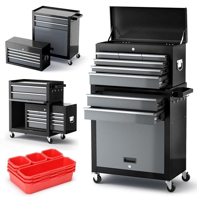 Tool Chest 8-Drawer | 42'' Large Rolling Tool Chest with Wheels | Detachable Top Metal Tool Box | Garage Storage Cabinet for Repair Room,Warehouse | Rolling Tool Box with Hooks,Liners,Tray Divider