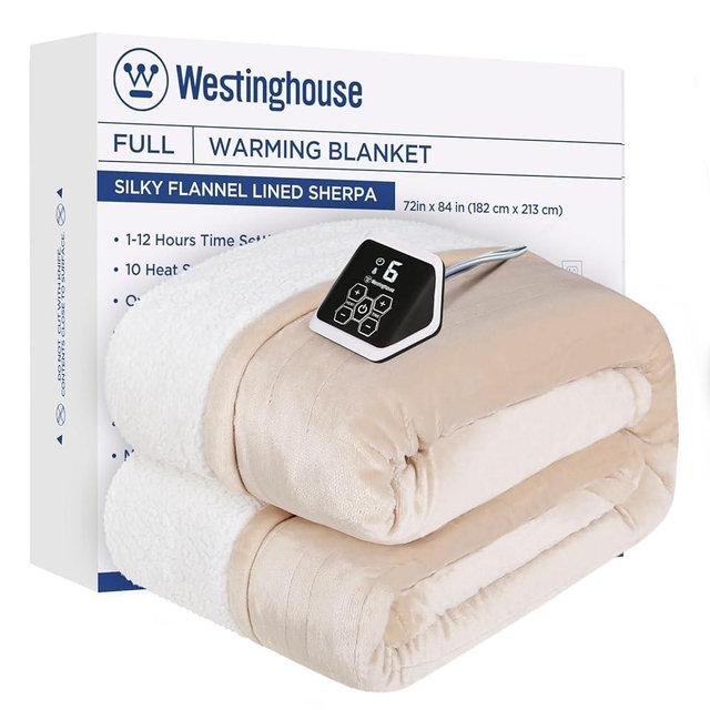 Westinghouse Heated Blanket Full Size, Soft Flannel to Sherpa Electric Blanket with 10 Heating Levels, 1-12 Hours Auto Shut Off, Fast Heating Warming Blanket, Machine Washable, 72x84 Inch, Beige
