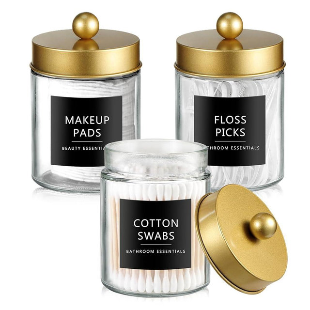 SheeChung Qtip Holder Dispenser 3pcs, Glass apothecary jars with Stainless Steel Lids &Stickers, Countertop Canister Guest Bathroom Storage Organizer Set for Cotton Swabs/Balls, Floss Picks(Gold)