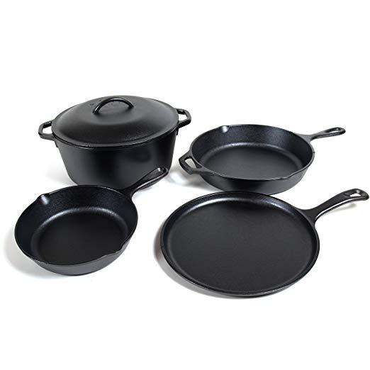 Lodge Seasoned Cast Iron 5 Piece Bundle. 10.5” Griddle, 8” Skillet, 10.25” Skillet, 10.25” Dutch Oven, and 10.25” Lid