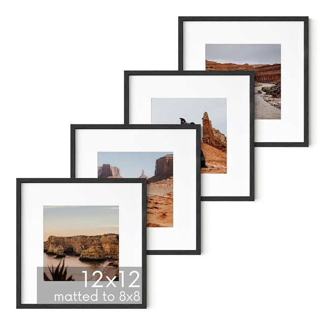 HAUS AND HUES Solid Oak Wood 12”x12” Picture Frames Matted to 8”x8” Set of 4-12 x 12 Frames Square, 12x12 Square Black Photo Frames, 12x12 Frame with Mat for Gallery Wall