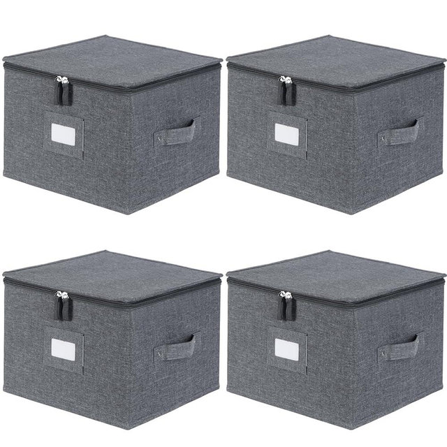popoly China Storage Containers Inside 12" W x 8" H, Dinnerware Storage Box for Dishes Plate Storage with 24 Felt Dividers, Hold 24 Plates, Hard Shell and Stackable（4PACK