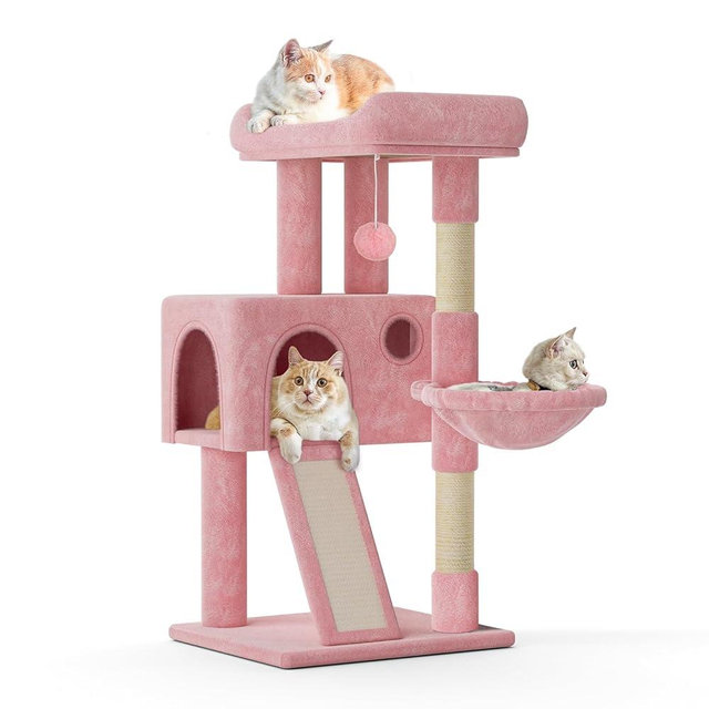 MoNiBloom Cat Tree, 36 Inch Cat Tree Tower with Cat Condo, Small Cat Tower with Scratching Post & Sisal-Covered Scratching Board, Cat Climbing Tower with Hammock, Cat Tree for Indoor Cats, Soft Pink