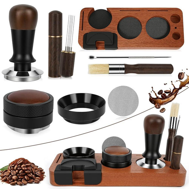 8 PCS Espresso Accessories Kit, 54mm Espresso Tamper Kit Coffee Tamper Set with Coffee Distributor, Espresso Tamping Station, Espresso WDT Stirrer, Puck Screen,Dosing Funnel