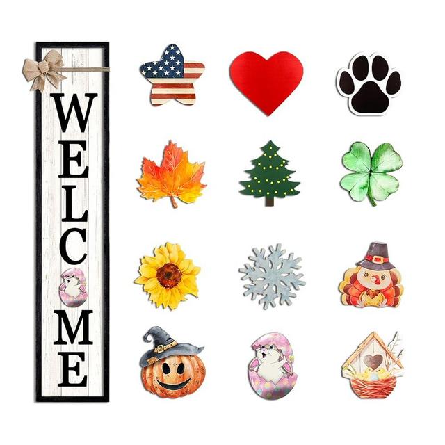 Interchangeable Welcome Sign for Front Porch Standing 45"X9" Large with 12 Pcs Replaceable Icons Outdoor Decorations Frame Tall Vertical Outside Farmhouse Rustic Door Decor (Black)
