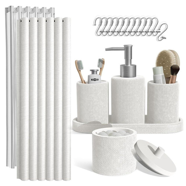 Clara Clark Bathroom Set - White Bathroom Accessories Set, 19PC Bathroom Accessory Set, Bathroom Sets with Shower Curtain Set, Soap Dispenser & Toothbrush Holder