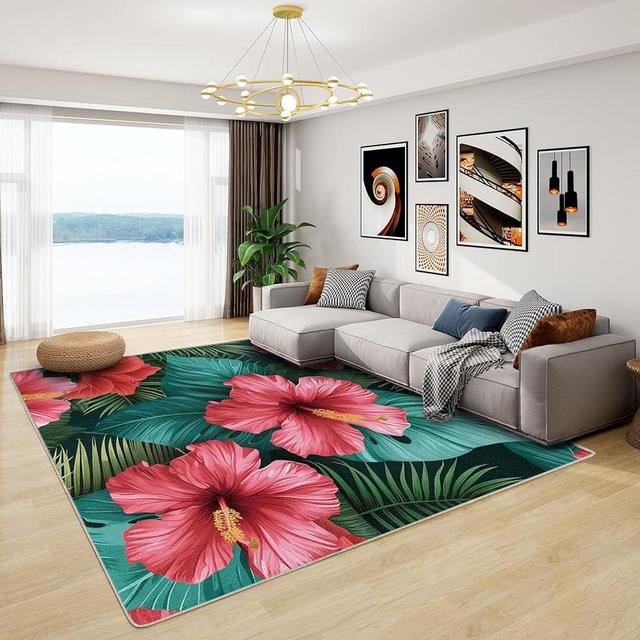 GEDAEUBA Tropical Flower Rug & Home Decor - Washable Rug 6x9 - Tropical Floral Rugs for Living Room Bedroom - Non Slip Soft Indoor Large Area Rug - Hawaiian Carpet - Tropical Flower Room Decor