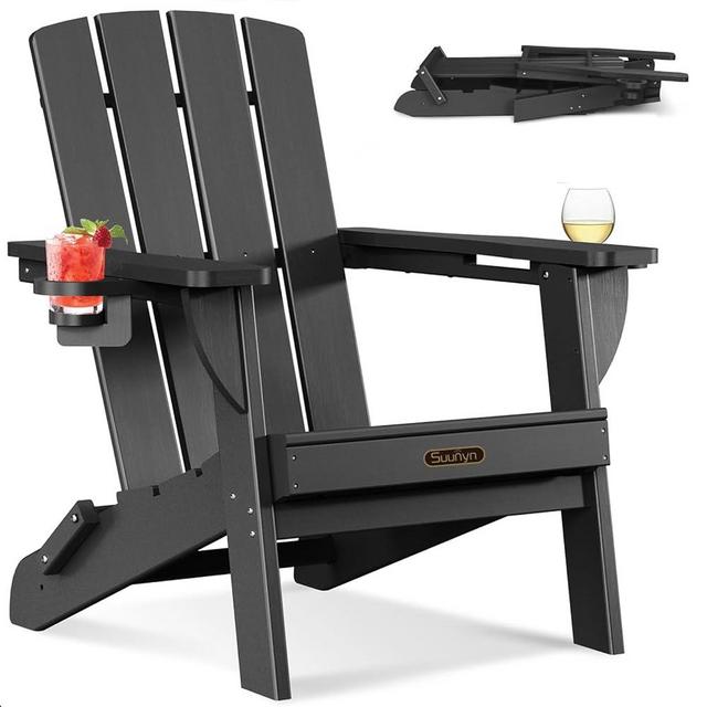 SUUNYN Folding Adirondack Chair, HDPE All-Weather Fire Pit Chairs, Plastic Adirondack Chairs with 2 Cup Holder, Outdoor Lawn Chair for Patio Garden (Black)