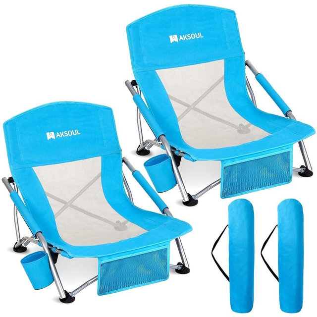 AKSOUL Folding Beach Chair for Adults: Low/High Back Chairs with Carry Bag - Extra Wide Seat Chair with Comfortable Pillow & Storage Pocket (1 Pack & 2 Pack, Blue)