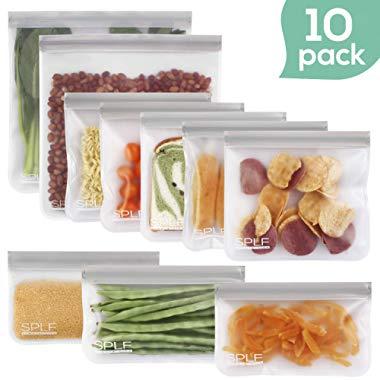 SPLF 10 Pack FDA Grade Reusable Storage Bags (5 Reusable Sandwich Bags, 3 Reusable Snack Bags, 2 Reusable Gallon Bags), Extra Thick Leakproof Silicone and Plastic Free Ziplock Lunch Bags Freezer Safe