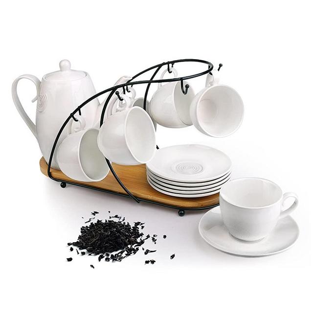 Ceramic Tea Cup Set, including 6 pcs Tea Cup and Saucer with 1 teapot Bamboo Rack, for Home and Office Coffee Teaparty by Pukka Home (Service for 6 (5 oz)) …