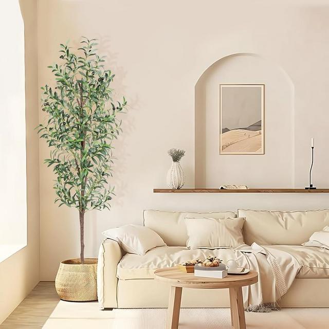 CETRD Artificial Olive Tree, 6FT Tall Faux Olive Trees 72in Outdoor Fake Potted Silk Plant with Trunk and Realistic 648 Leaves and 24 Fruits for Modern Office Home Decor Indoor（1pack）