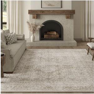 FMFUNCTEX 6x9 Washable Area Rug Beige Vintage Neutral Distressed Large Non Slip Carpet for Living Room Bedroom Soft Low Pile Indoor Mat Retro Floral Throw Rug for Dining Room Kitchen Office Nursery