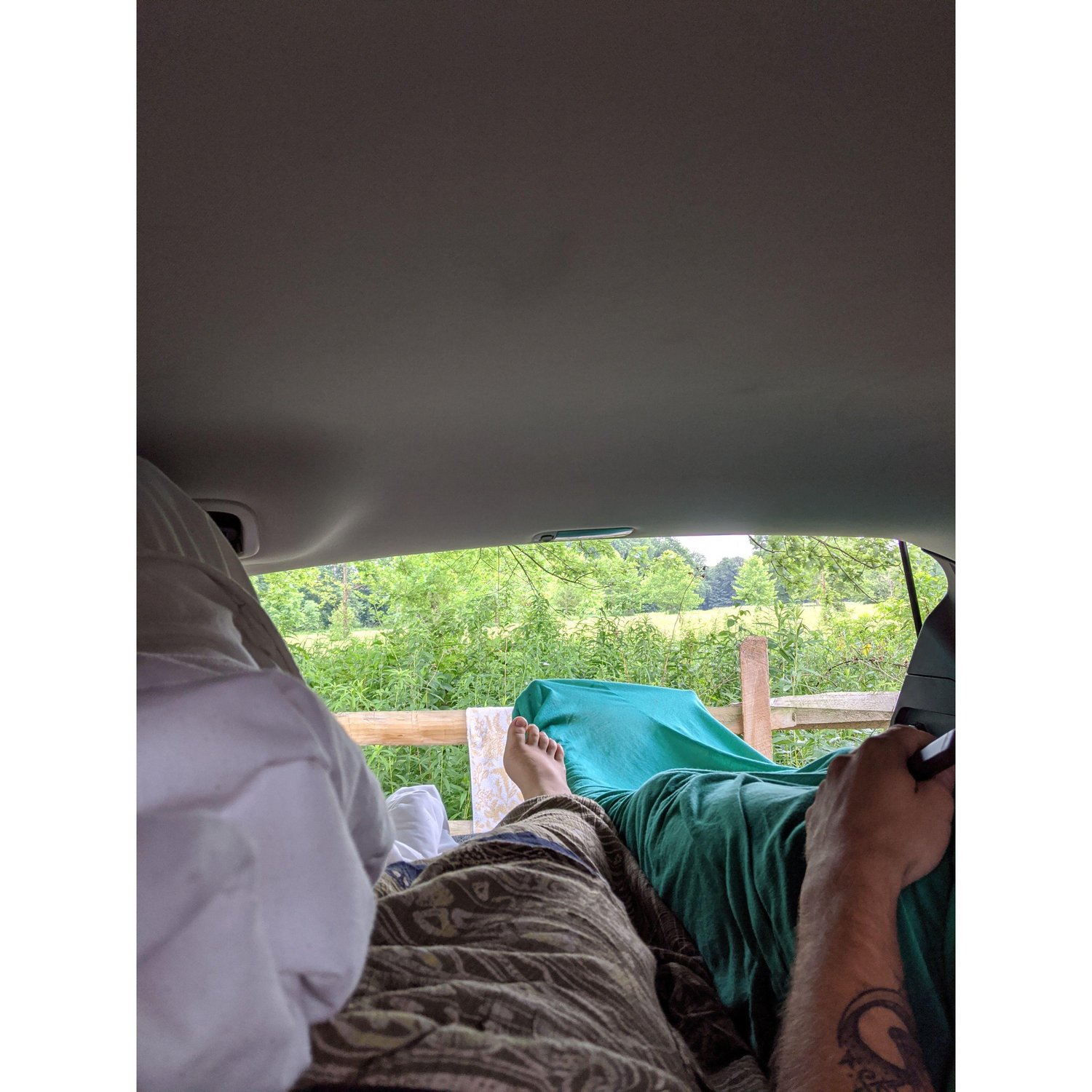 Our first time at the Gunks together. We had an epic on a climb the night before and rolled into camp around 4am. The weather was so nice, we slept with the back open.