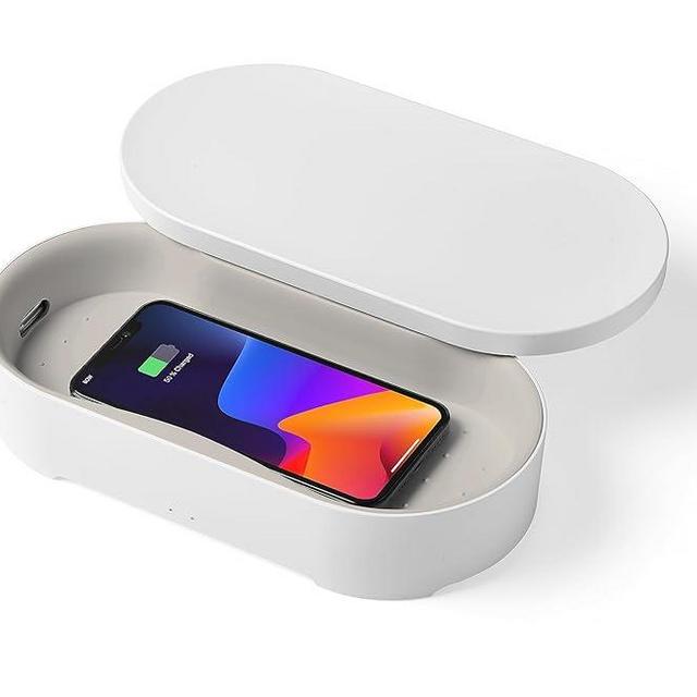 Lexon Oblio Box - White UV Sanitizer Box - Qi-Compatible UV-C Light Sanitizer with 10W Wireless Charger - Can be Used for Watches, Jewelry, & Glasses