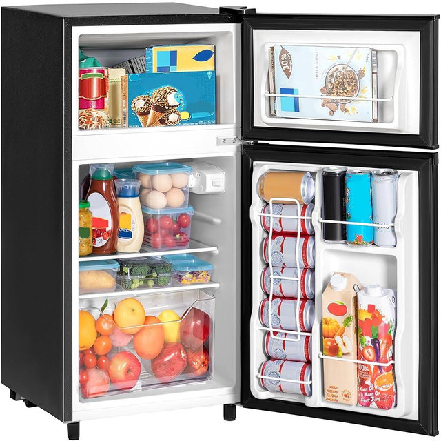Tehanld Double Door Refrigerator with Freezer, 3.5 Cu.Ft, Small Fridge with Freezer, 7 Settings Temperature Adjustable, Mini Refrigerator for Office and Apartment Bedroom Dorm(3.5 Cu.Ft, Black)