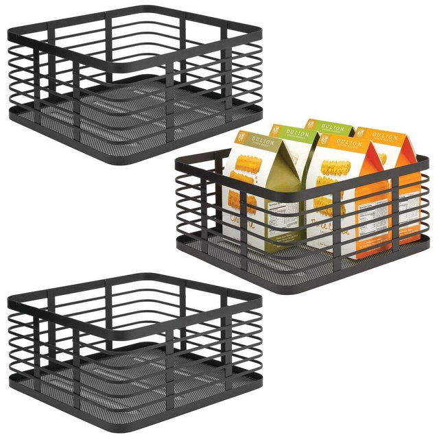 mDesign Farmhouse Decor Metal Wire Food Organizer Storage Bin Baskets for Kitchen Cabinets, Pantry, Bathroom, Laundry Room, Closets, Garage - 3 Pack - Black