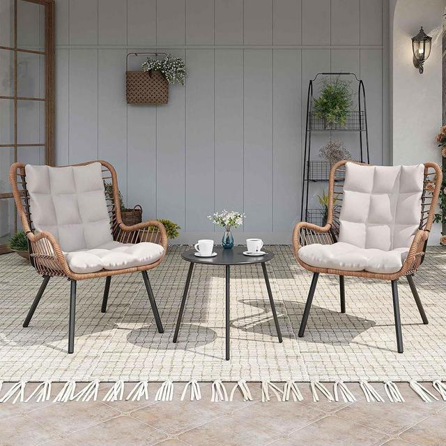LAUSAINT HOME 3 Piece Outdoor Bistro Set, Small Patio Furniture Set with Coffee Table and Thick Cushions, Front Porch Furniture for Lawn, Garden, Balcony, Poolside, White