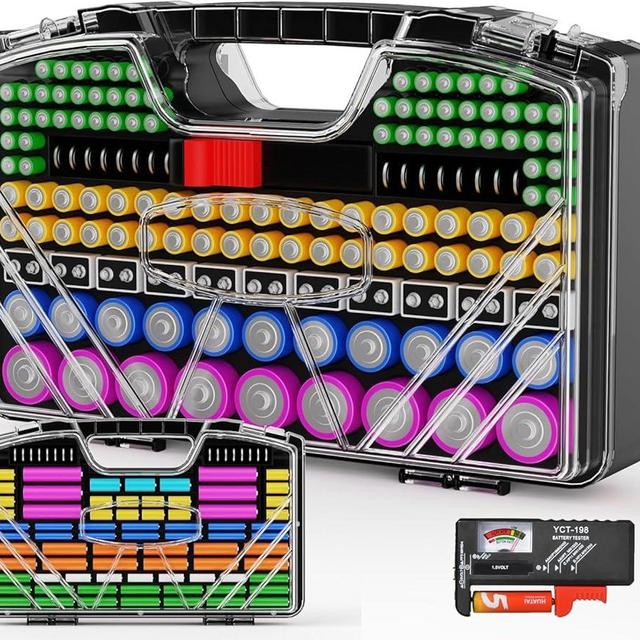 Battery Organizer Storage Holder Box Case with Tester - 285 Batteries Double-Sided Variety Pack, Holds AA AAA 4A C D Cell 9V 3V Lithium LR44 CR2 CR123 CR1632 18650 Button