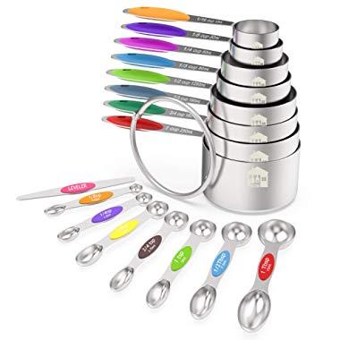 Measuring Cups and Magnetic Measuring Spoons Set, Wildone Stainless Steel 16 Piece Set, 8 Measuring Cups & 7 Double Sided Stackable Magnetic Measuring Spoons & 1 Leveler