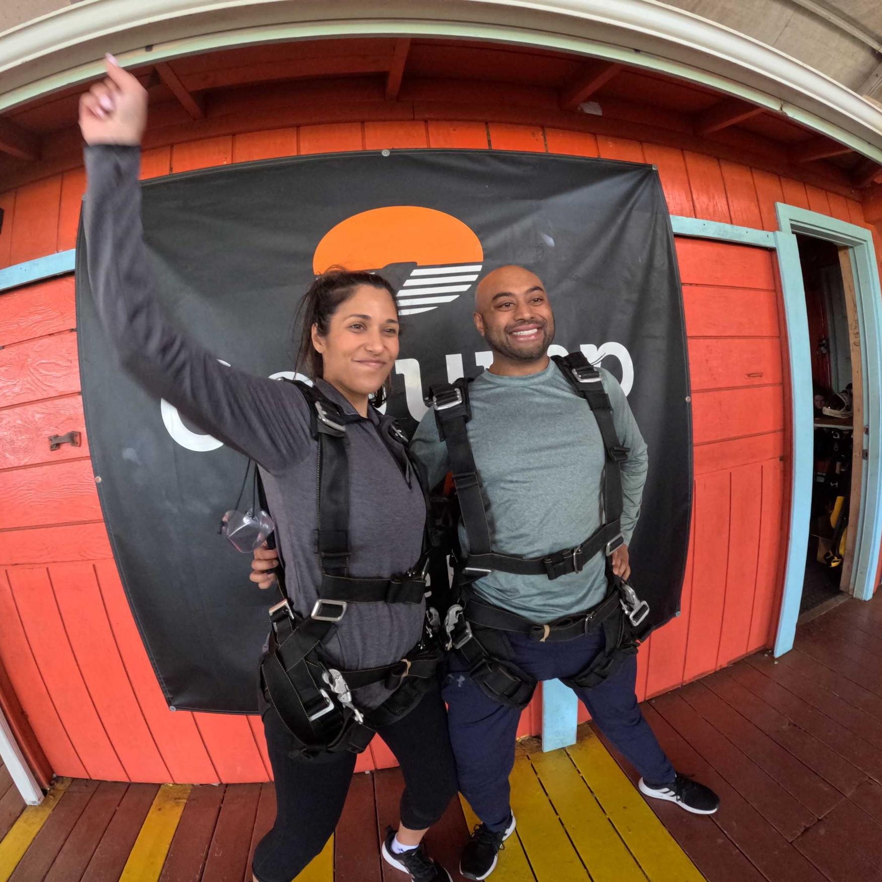 Nervous smiles and adrenaline—could we look any more excited (and terrified)? Our first sky-diving adventure together in Oahu, Hawaii!