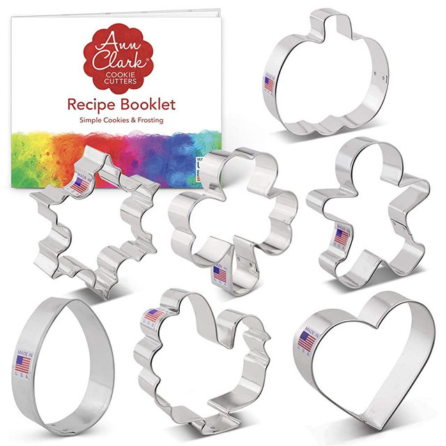 Ann Clark Cookie Cutters 7-Piece Cookie Cutters for Every Season Set with Recipe Booklet, Gingerbread Man, Turkey, Pumpkin, Shamrock, Heart, Snowflake and Easter Egg