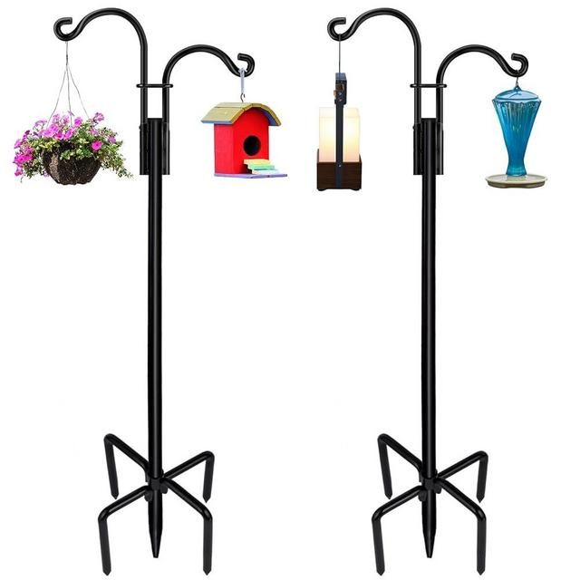 STAUKOK Double Shepherds Hooks for Outdoor 2 Pack 76 Inch New Version Bird Feeder Pole with 5 Prongs Base, Heavy Duty Garden Hook for Hanging Plant, Lantern, Hummingbird Feeder