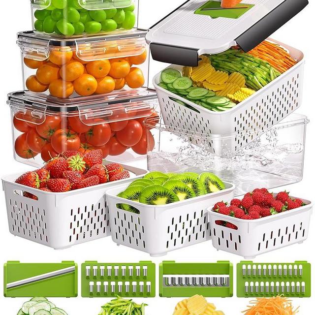 4 Pcs Fruit Storage Containers for Fridge with Vegetable Chopper Set & Removable Colander, Airtight Food Storage Containers with Mandoline Slicer, Dishwasher & Microwave Safe