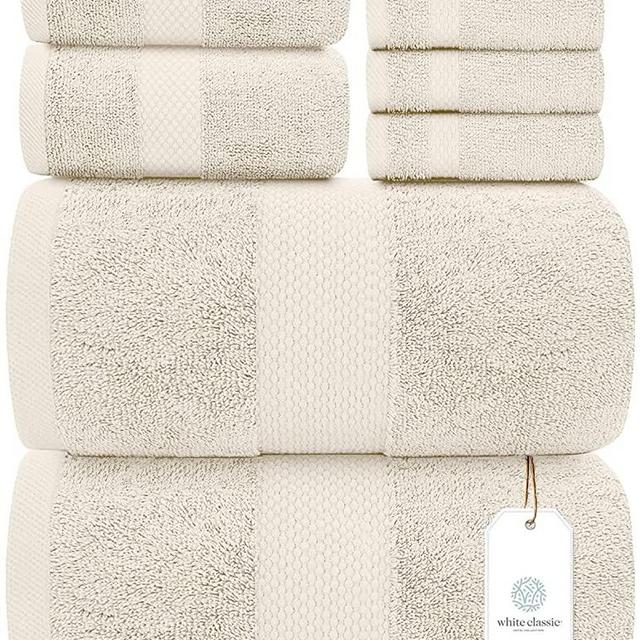White Classic Luxury Ivory Bath Towel Set - Combed Cotton Hotel Quality Absorbent 8 Piece Towels | 2 Bath Towels | 2 Hand Towels | 4 Washcloths [Worth $72.95] 8 Pack | Ivory