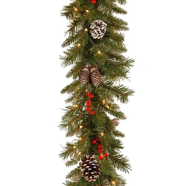 National Tree Company Company Pre-lit Artificial Christmas Garland | Flocked with Mixed Decorations and White Lights | Frosted Berry, 9 ft